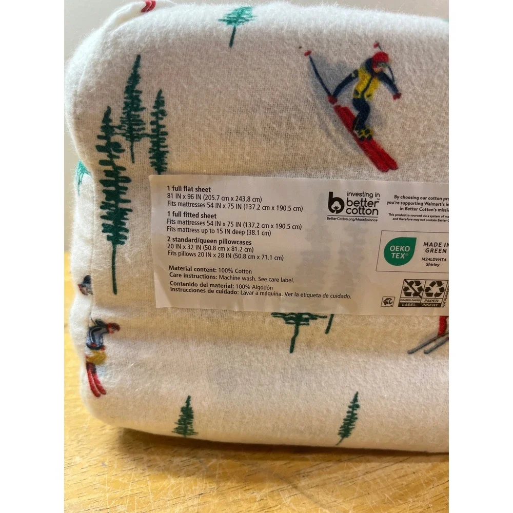 Mainstays Full Flannel Sheet Set Skiers Evergreen Trees White Cotton 4pc New